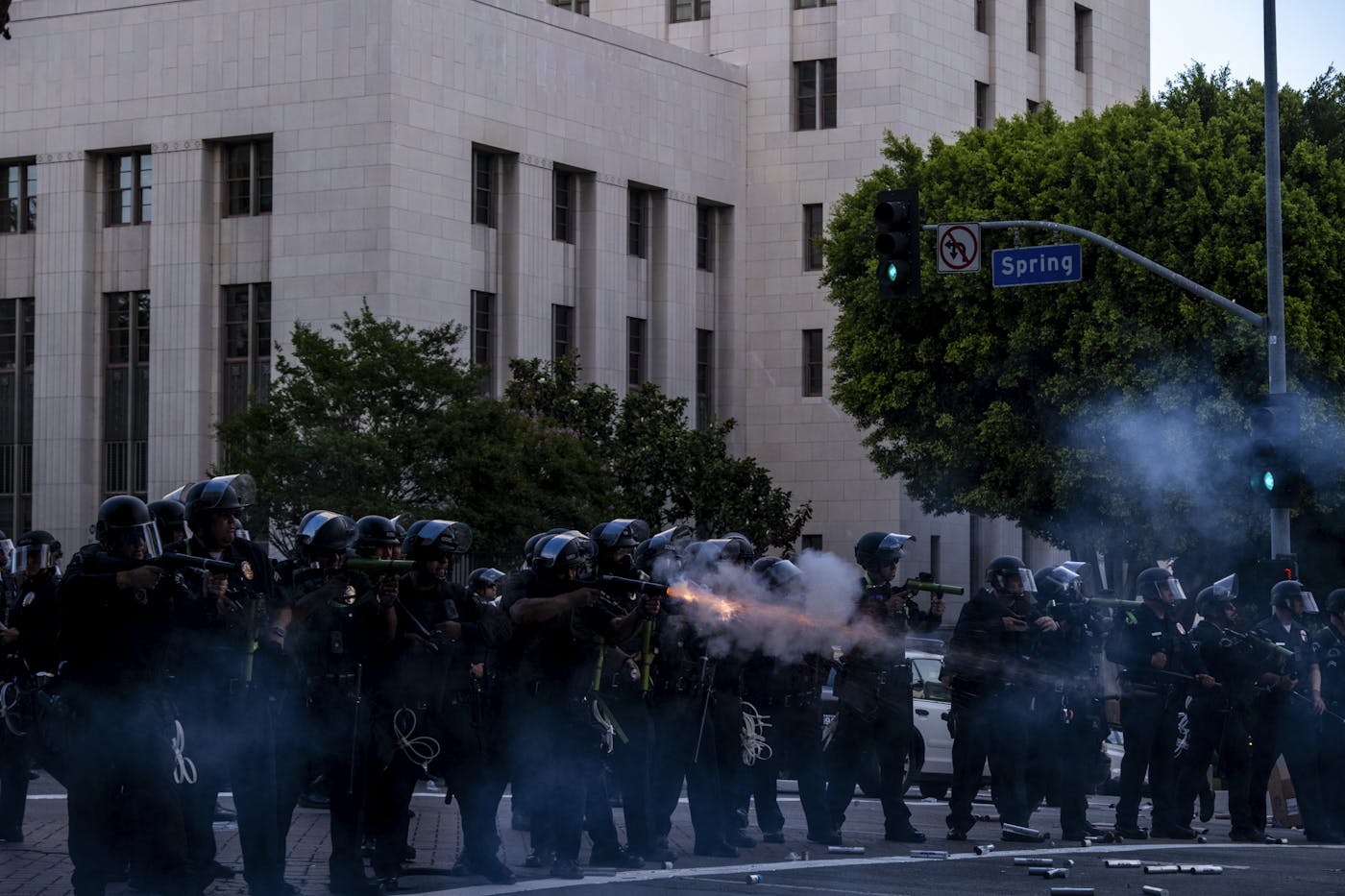 Protestors against President Donald Trump after the “No Kings protest clash with LAPD and Sheriff Department near City Hall in downtown Los Angeles, June 14, 2025.