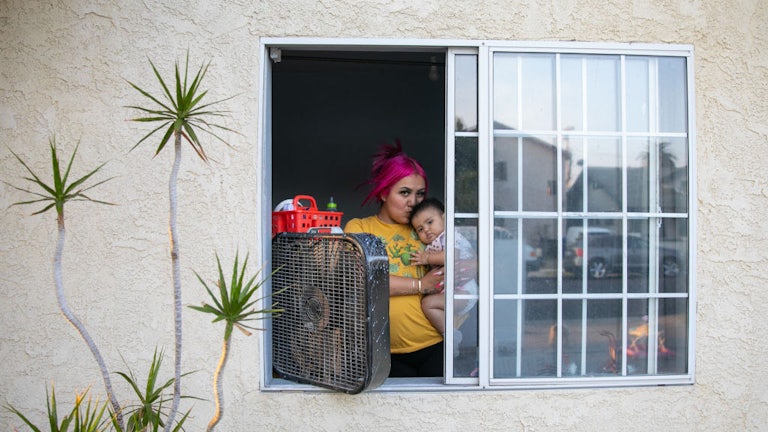 A woman with pink hair, seen from the outside of her building, stands at the window of her apartment in front of a fan holding a baby. A palm tree is seen next to the window.