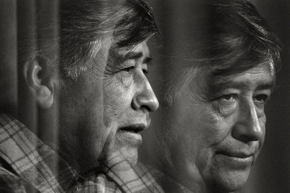 Latino farmworkers organizer and civil rights activist Cesar Chavez speaks to an audience at Laramie County Community College on December 8, 1986 in Cheyenne, Wyoming.