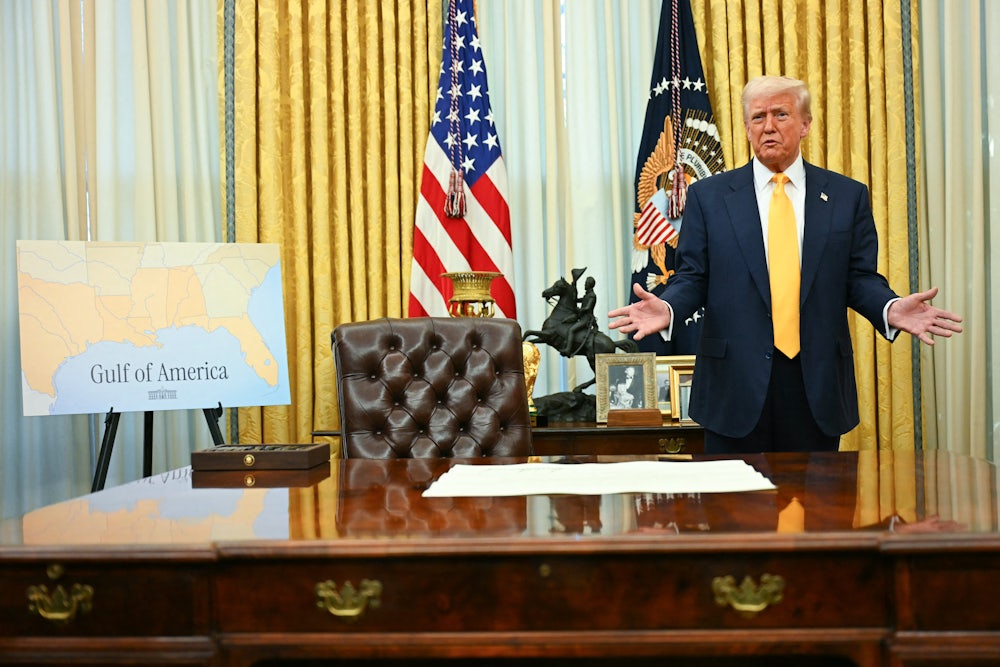 A poster with a map captioned "Gulf of America" is seen as Donald Trump stands in the Oval Office.