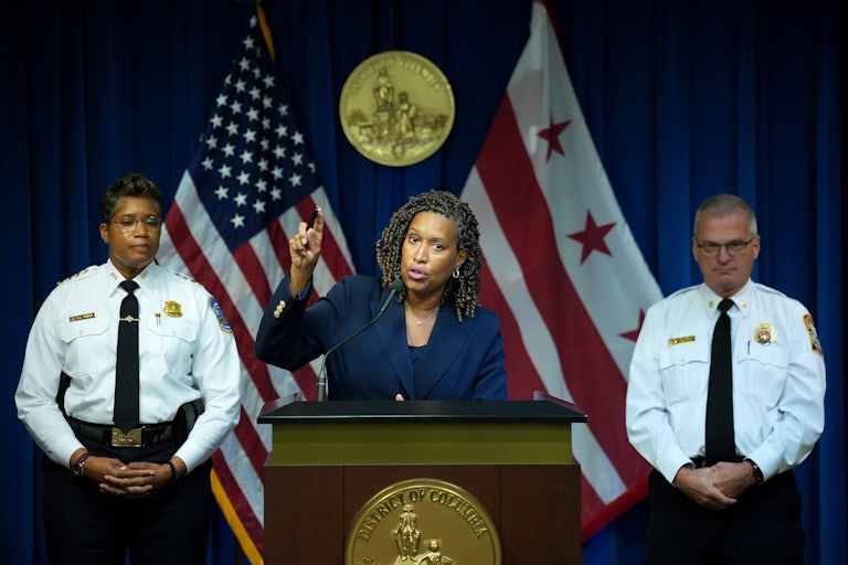 D.C. Mayor Muriel Bowser flanked by police chief Pamela Smith and fire/EMS chief John Donnelly
