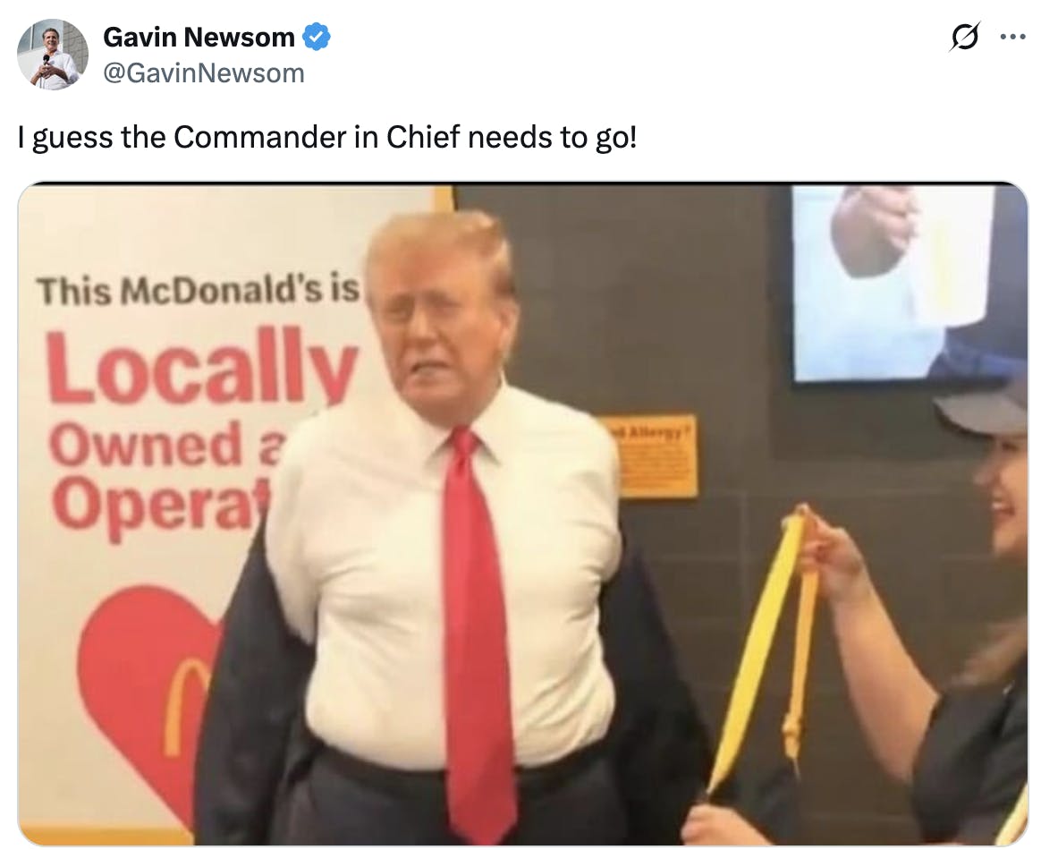 X Gavin Newsom @GavinNewsom I guess the Commander in Chief needs to go! (photo of Trump taking off his suit jacket to don a McDonalds apron in a photo op)
