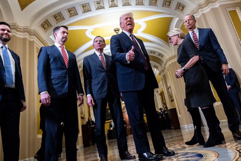 President-elect Donald Trump is flanked by Vice President-elect JD Vance, Senator Tom Cotton, Senator John Barrasso, Senator Shelley Moore Capito, and Senate Majority Leader John Thune.