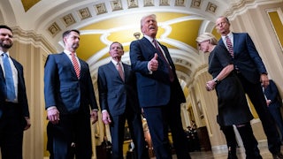 President-elect Donald Trump is flanked by Vice President-elect JD Vance, Senator Tom Cotton, Senator John Barrasso, Senator Shelley Moore Capito, and Senate Majority Leader John Thune.