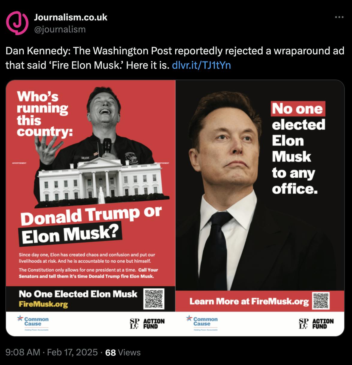 A print advertisement criticizing Elon Musk's government takeover. 