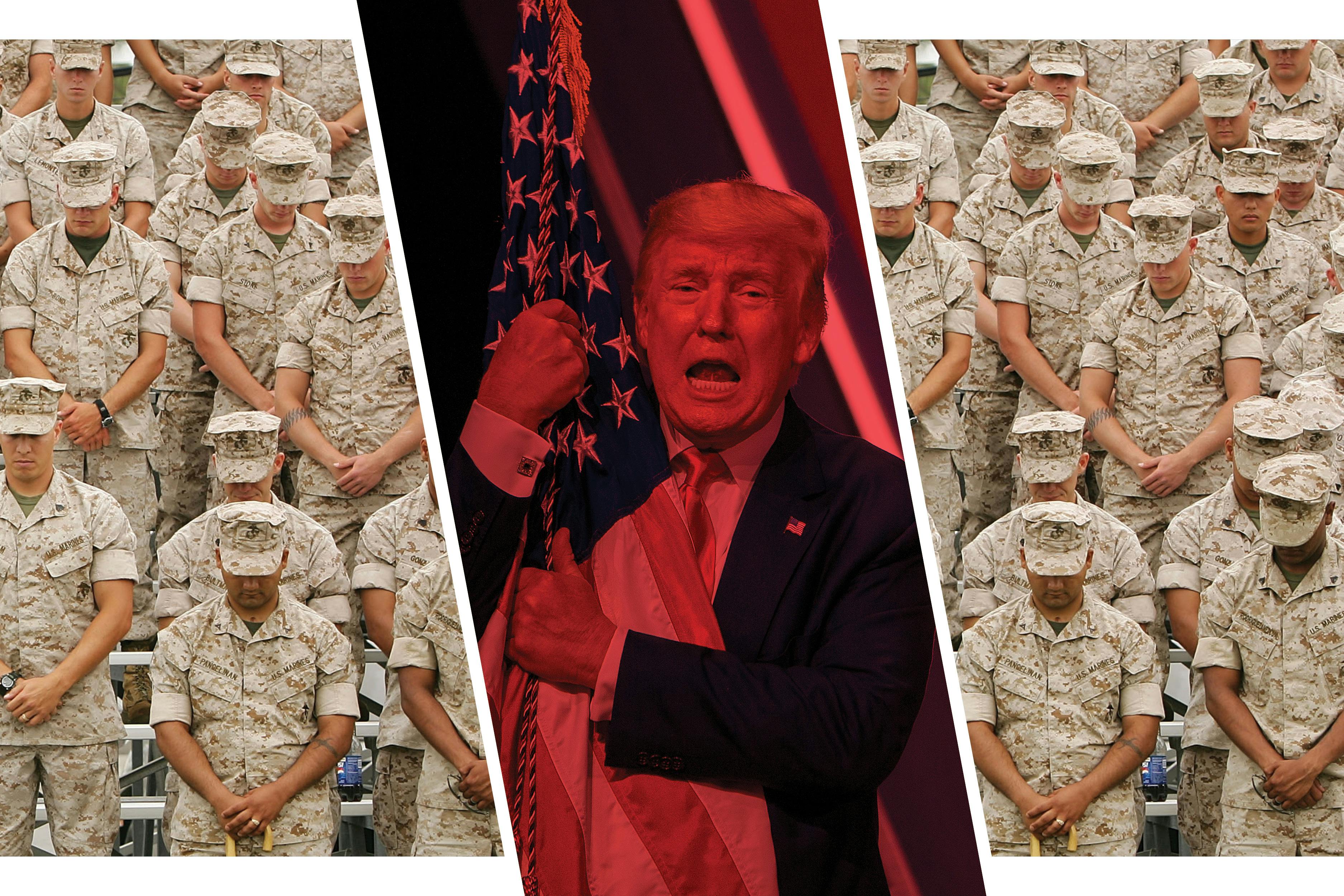 A photo of a group of soldiers solemnly paying respects interrupted by a photo of Trump disrespectfully grabbing a flag 