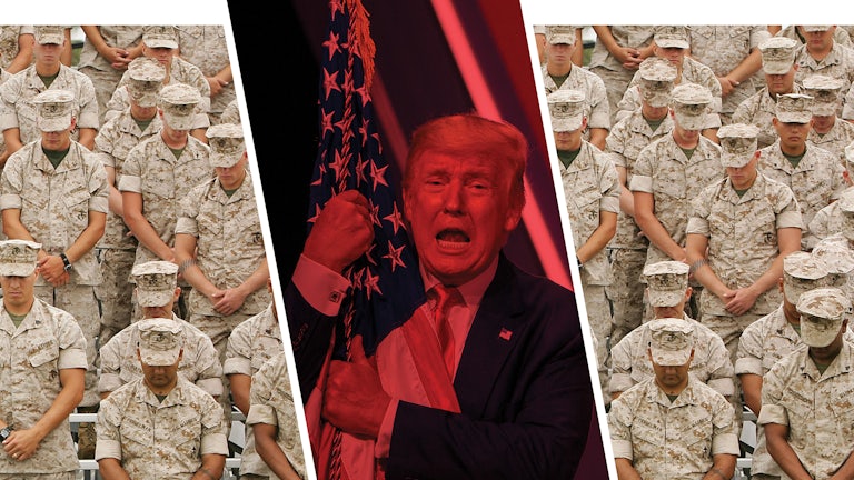 A photo of a group of soldiers solemnly paying respects interrupted by a photo of Trump disrespectfully grabbing a flag