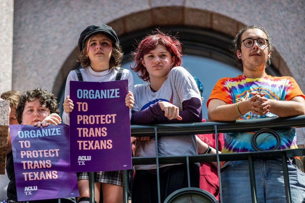 Demonstrators protest anti-trans bills during a 'Fight For Our Lives' rally at the Texas State Capitol.