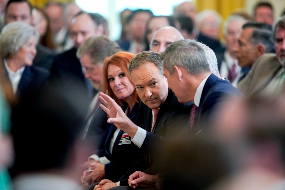 Lee Zeldin, center, spoke with transportation secretary Sean Duffy during a bill signing ceremony at the White House in mid-June.