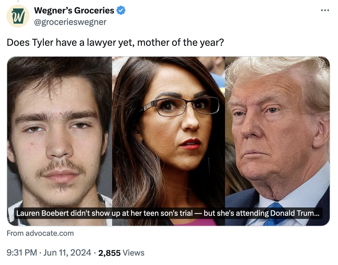 Twitter screenshot: Does Tyler have a lawyer yet, mother of the year? (linking to an article on the Advocate)