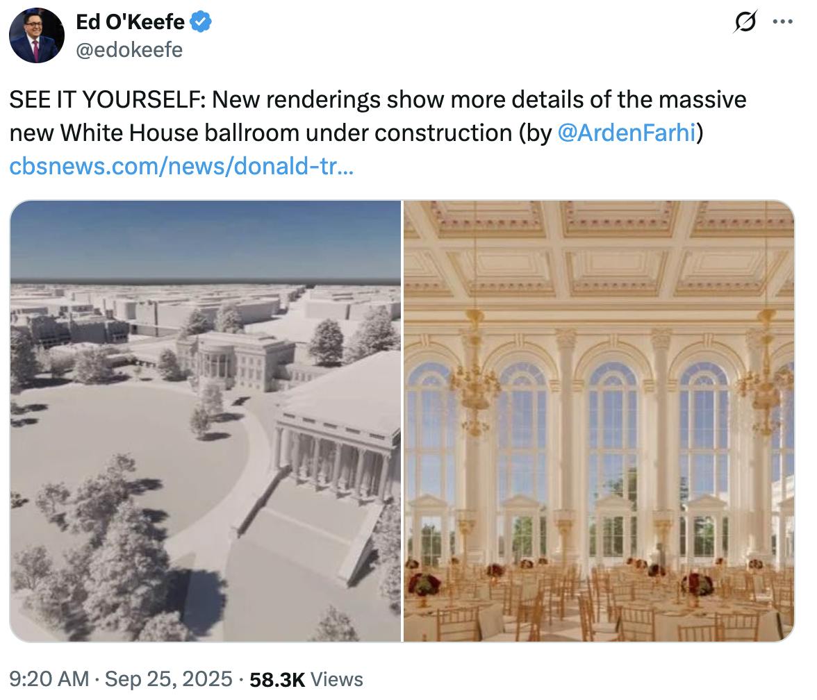 X Ed O'Keefe @edokeefe SEE IT YOURSELF: New renderings show more details of the massive new White House ballroom under construction (by @ArdenFarhi ) https://cbsnews.com/news/donald-tr... (architectural renderings of Trump's ballroom)