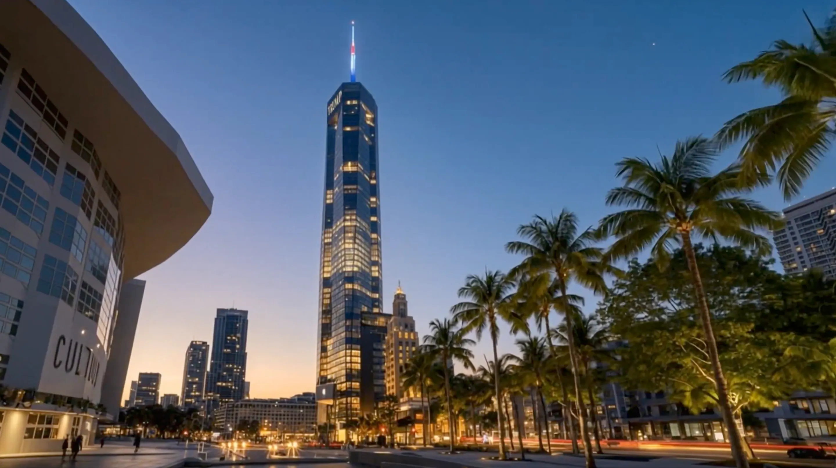 Rendering of a skyscraper near some palm trees.