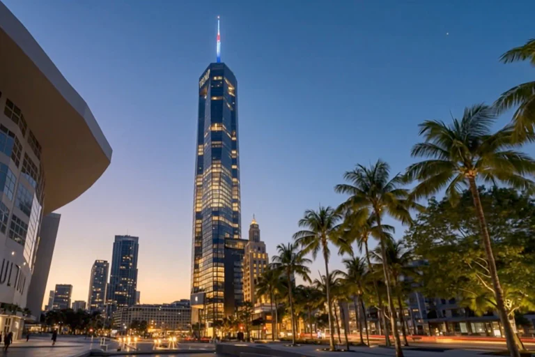 Rendering of a skyscraper near some palm trees.