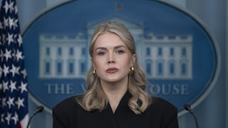 White House press secretary Karoline Leavitt stares ahead looking irritated