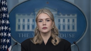 White House press secretary Karoline Leavitt stares ahead looking irritated