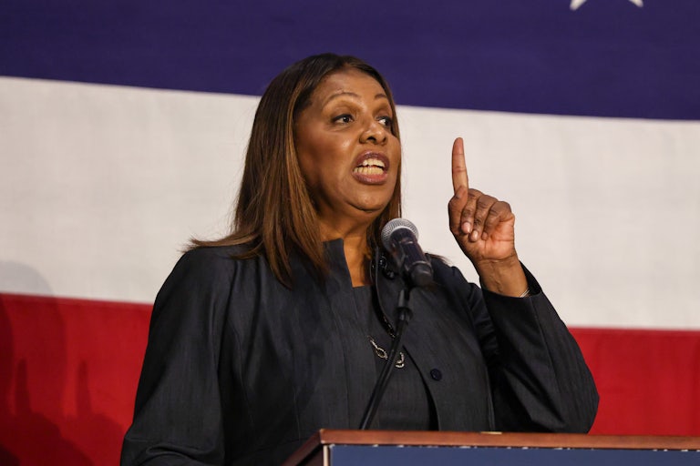 New York Attorney General Letitia James raises her finger while speaking