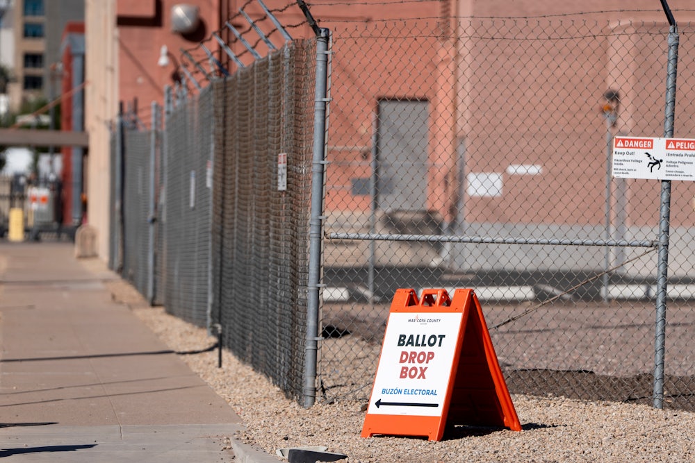 A sign for a ballot drop box at the Maricopa County Tabulation and Election Center in Phoenix, Arizona.