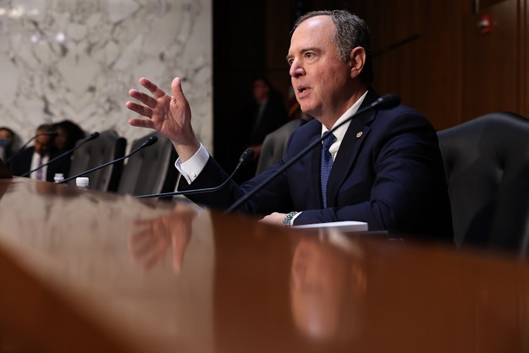 Senator Adam Schiff speaks in a Senate hearing to Pam Bondi (not pictured).