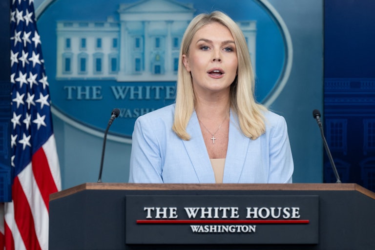 Karoline Leavitt stands at a podium and speaks to reporters during a White House press briefing