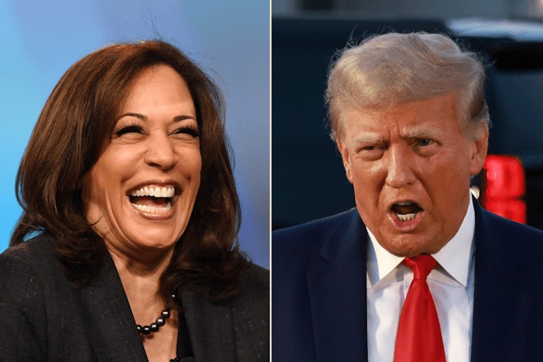 Splitscreen of Kamala Harris laughing and Donald Trump yelling