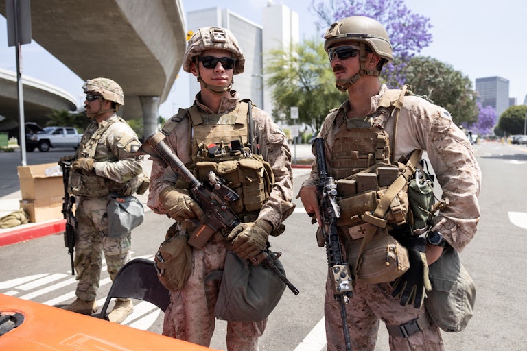 U.S. Marines guard the Wilshire Federal Building in Los Angeles, California, in June 2025.