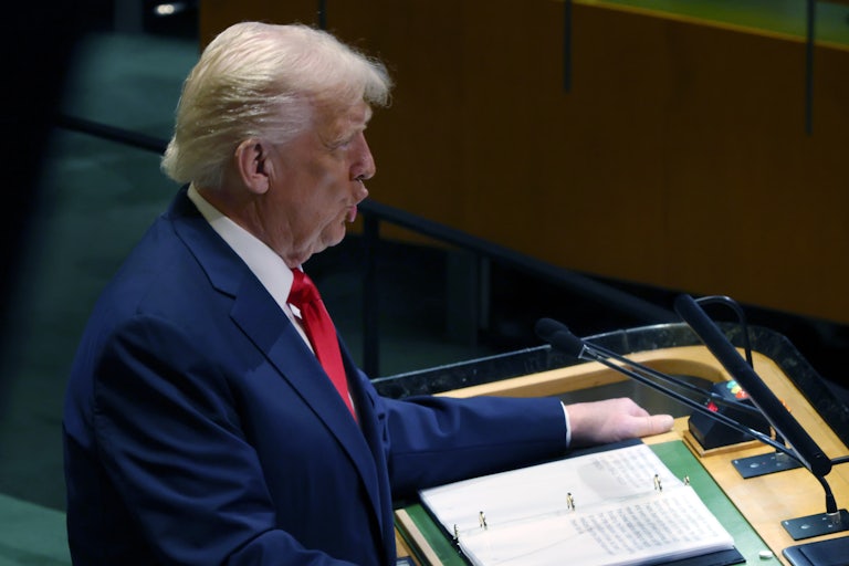 Donald Trump speaks at the lectern at the U.N. General Assembly