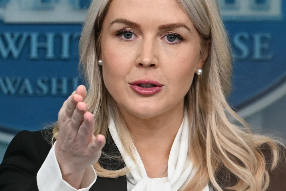 Karoline Leavitt gestures pointedly while speaking