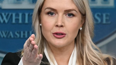 Karoline Leavitt gestures pointedly while speaking