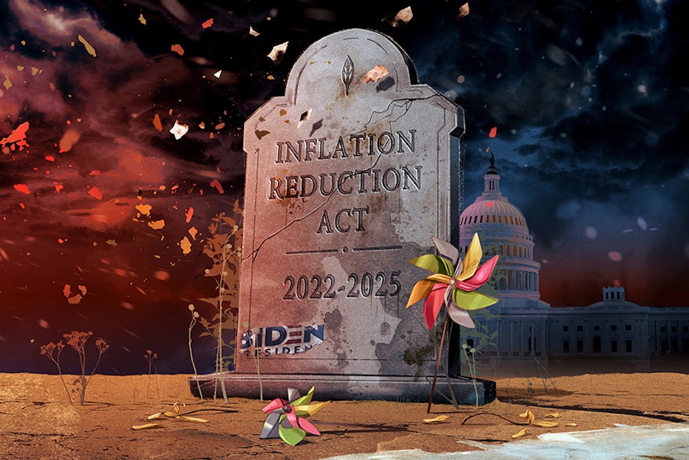 An illustration of a tombstone with the words "Inflation Reduction Act" inscribed on it
