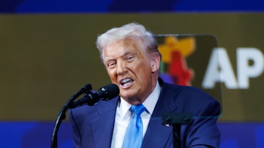 Donald Trump speaks into a microphone during the APEC summit in South Korea