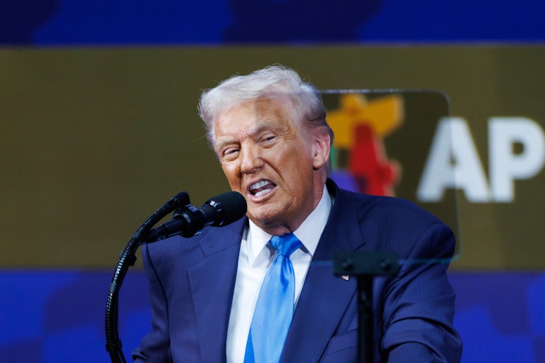 Donald Trump speaks into a microphone during the APEC summit in South Korea