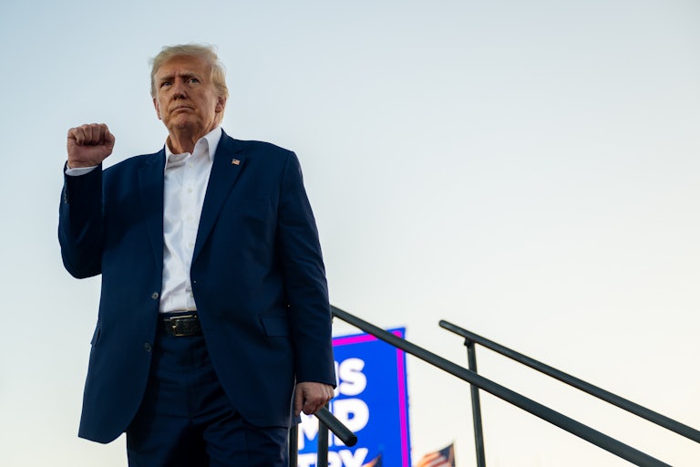 Donald Trump raises a fist in the air as if in victory
