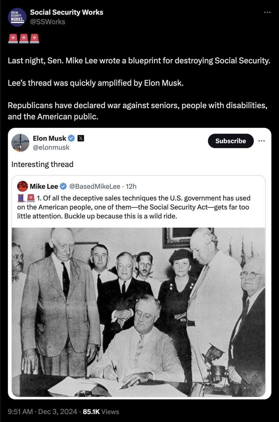 A screenshot of an X post from the account Social Security Works, which includes a screenshot of Elon Musk quote-tweeting a post from Senator Mike Lee making the case for overhauling and cutting Social Seucirty. 