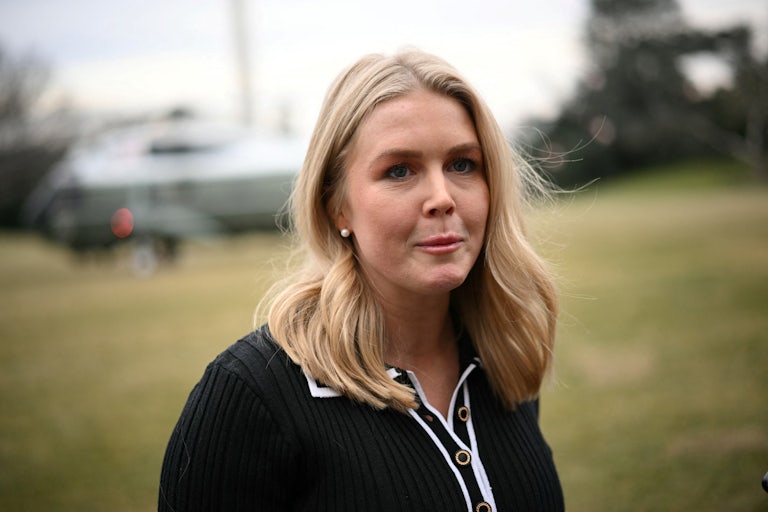 White House Press Secretary Karoline Leavitt speaks to reporters outside the White House