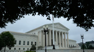 The Supreme Court building is seen from an angle.