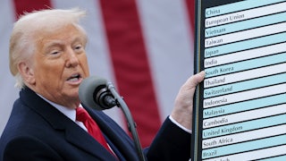 Donald Trump holds up a chart while speaking during a “Make America Wealthy Again” tariff announcement event in the Rose Garden at the White House.