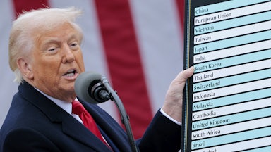 Donald Trump holds up a chart while speaking during a “Make America Wealthy Again” tariff announcement event in the Rose Garden at the White House.