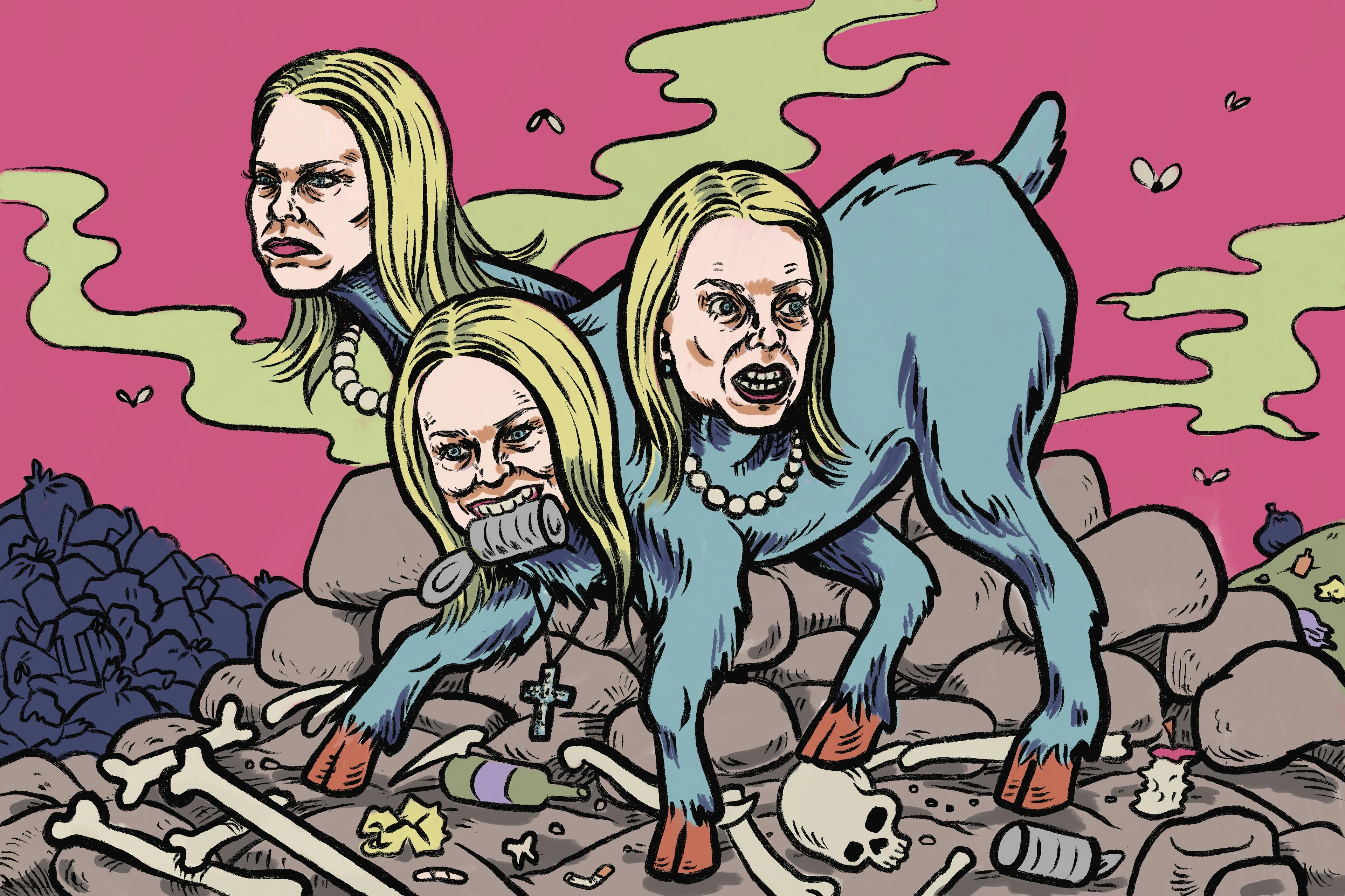 Illustrated portrait of Pam Bondi depicted as a three-headed goat