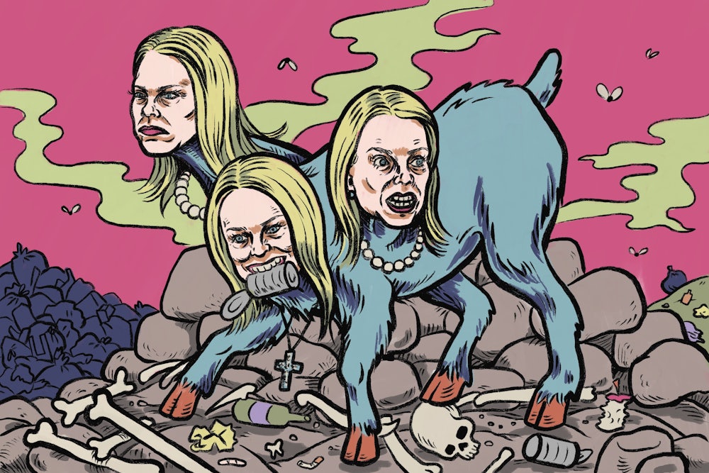 Illustrated portrait of Pam Bondi depicted as a three-headed goat