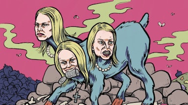 Illustrated portrait of Pam Bondi depicted as a three-headed goat