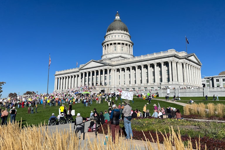 No Kings protesters gather on the lawn in front of the Utah State Capitol.