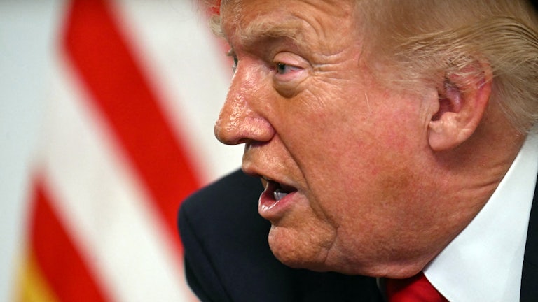 Donald Trump participates in a video call with military service members from his Mar-a-Lago residence in Palm Beach.