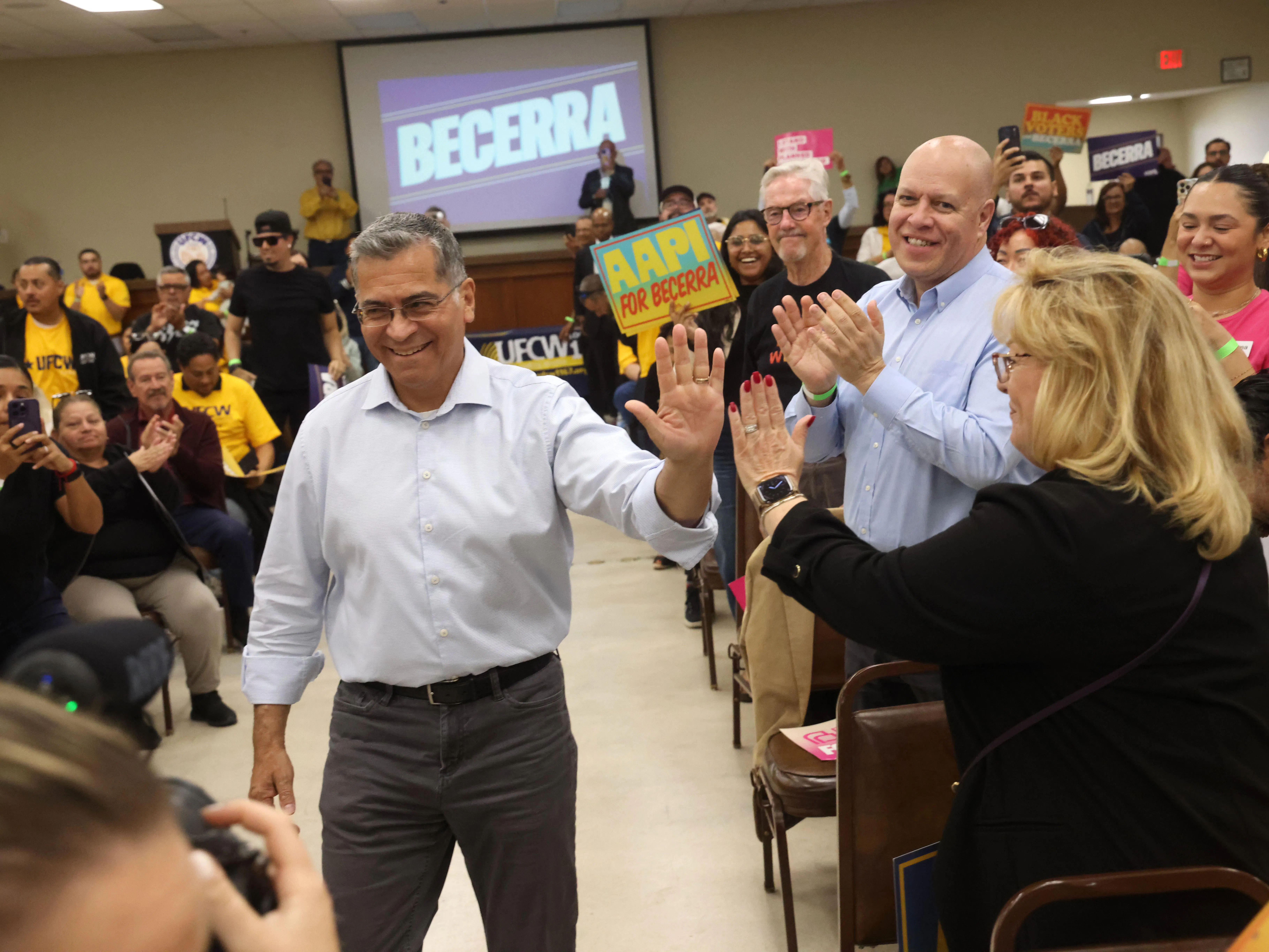 Xavier Becerra greets supporters at the UFCW Local 1167 Union Hall in Bloomington, CA.
