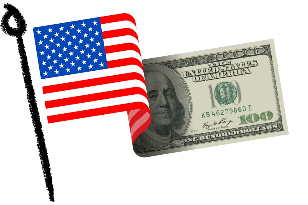 Illustration of the American flag that morphs into a one hundred dollar bill