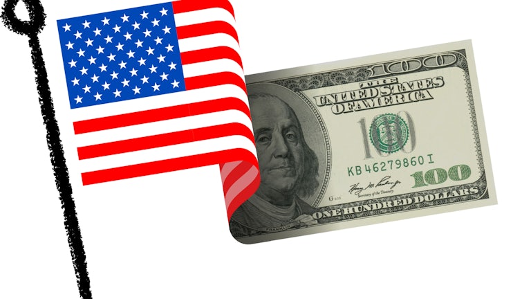 Illustration of the American flag that morphs into a one hundred dollar bill