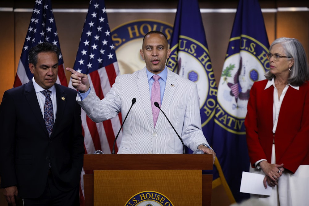 House Minority Leader Hakeem Jeffries, House Democratic Caucus Chair Pete Aguilar, House Democratic Whip Katherine Clark speaking at a press conference in July