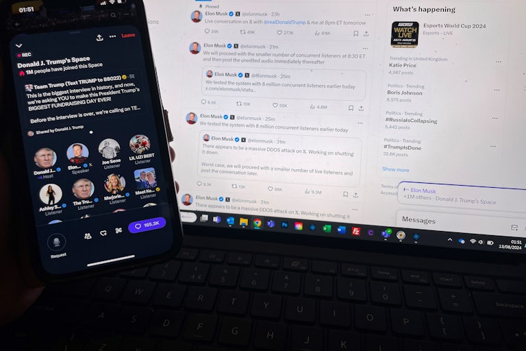 A phone and a computer display Donald Trump’s X Space interview with Elon Musk