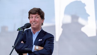 Fox News' Tucker Carlson speaks at an event in Hungary.