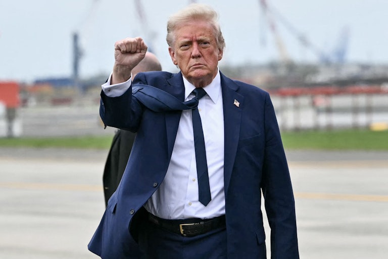 Donald Trump raises his fist as if in vitory. His suit jacket and tie fly in the wind.