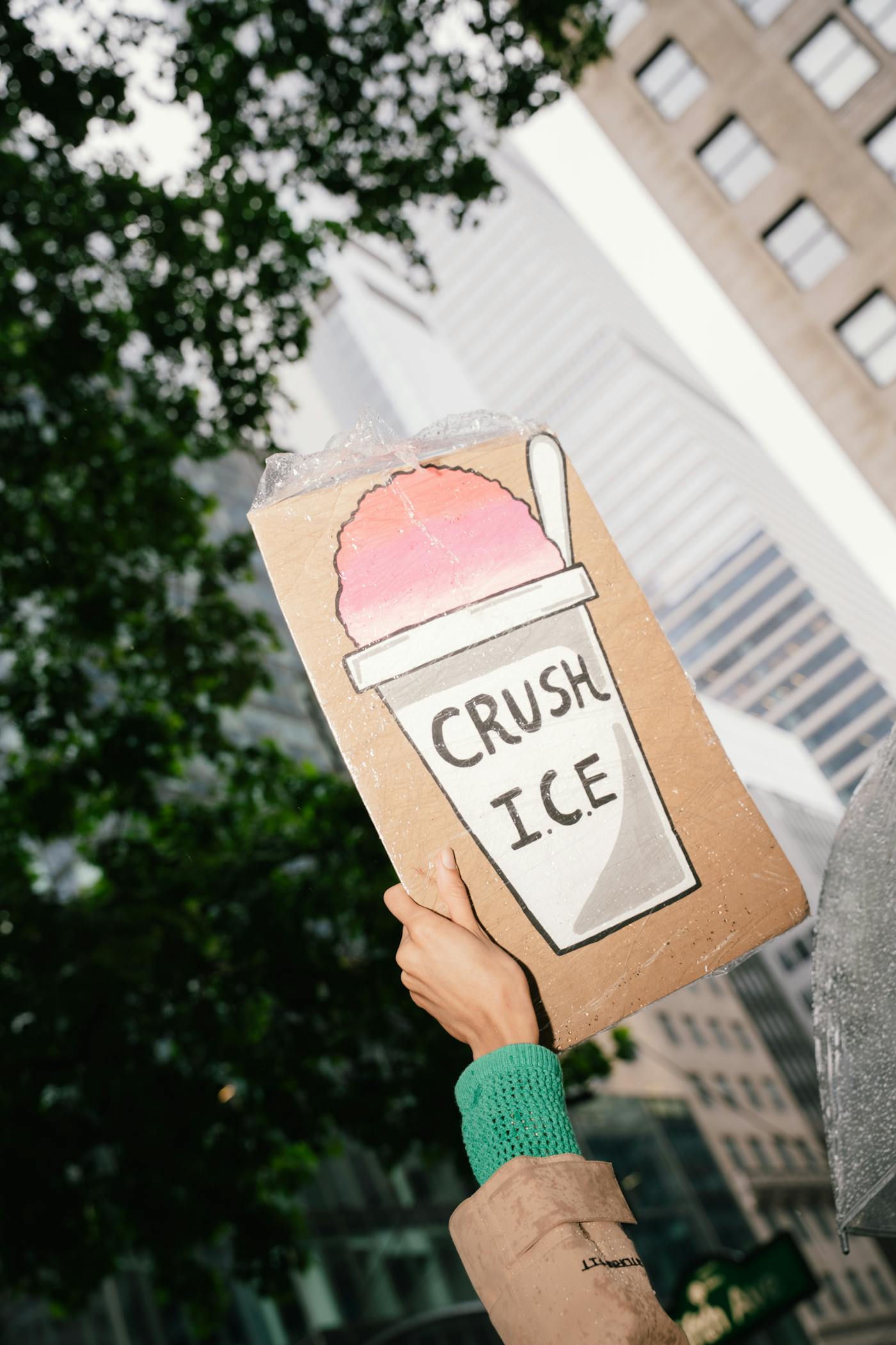 A protesters holding a homemade cardboard sign that says Crush Ice in New York City on Sunday at the No Kings event 